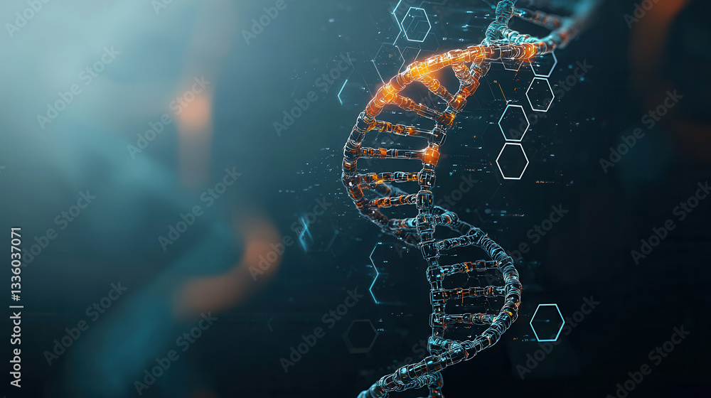 Poster glowing dna spiral with futuristic dark tech themed background, featuring hexagonal patterns and vib