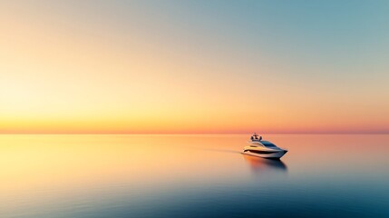 Naklejka premium Calm seascape at sunset, serene water with a small boat silhouetted against vibrant orange and blue sky, ideal for relaxation themes.
