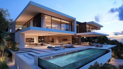 Fototapeta premium A sleek modern mansion with a minimalist facade, open spaces, and a stunning infinity pool --ar 16:9 --v 6.1 Job ID: 44f254ca-a8b9-4dd3-b556-df77eb468a93
