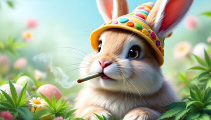 Cute Easter Bunny Smoking Joint in Marijuana Field