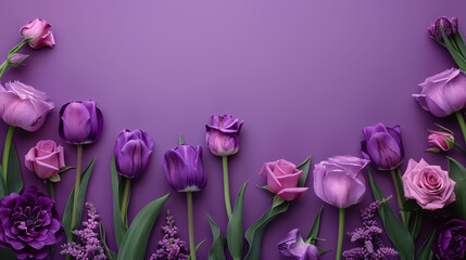 Purple tulips and roses on purple background