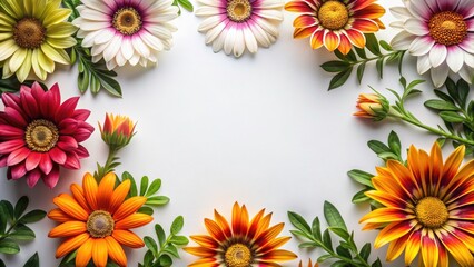 Obraz premium Bird's Eye View of Gazania Treasures on White Background for Modern Design, Flat Lay Composition, Framed Aesthetics, Futuristic Elements, Copy Space for Creative Projects