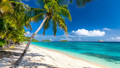 Obraz premium Beautiful tropical beach banner. White sand and coco palms travel tourism wide panorama background concept. Amazing beach landscape