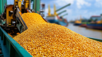  A dock with a large pile of golden grains being loaded onto a cargo ship.