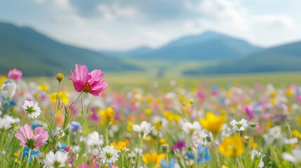 Obraz premium Vibrant floral meadow, wildflowers blooming in a colorful landscape, serene mountains in the background, perfect for nature themes.