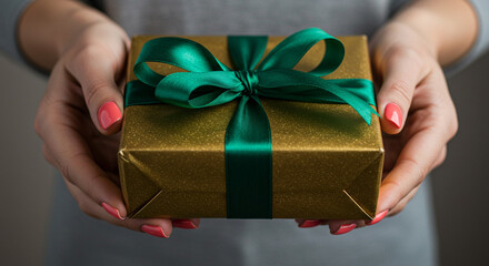 Hands holding a gift box wrapped in gold paper with green ribbon