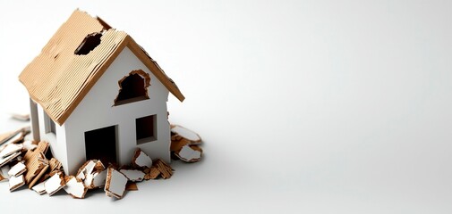 Dilapidated Miniature House Amidst Debris Representing Crisis or Loss of Property and Shelter