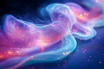 Glowing wisps of smoke intertwining into a mystical spiral with radiant, shifting colors of purple, green, and blue creating an ethereal and mesmerizing visual effect