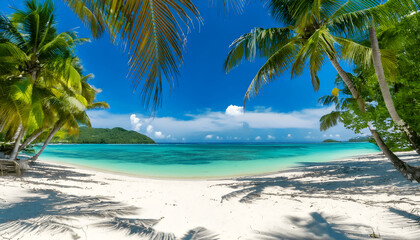 Beautiful tropical beach banner. White sand and coco palms travel tourism wide panorama background concept. Amazing beach landscape