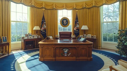 Oval Office, President's Desk, White House, Sunny Day, Interior View