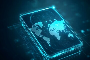 Futuristic holographic map displayed on a digital device, showcasing global connectivity and technology