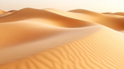 Golden sand dunes under a clear sky, vast desert landscape with gentle curves and patterns, serene natural beauty.