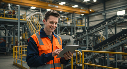 Man in reflective vest using tablet, smiles, factory background