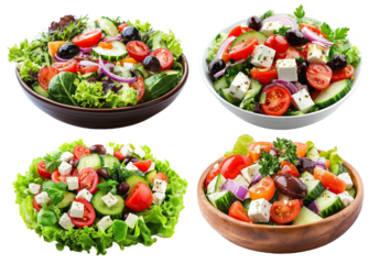 Set of delicious Greek salads, isolated on transparent cutout background