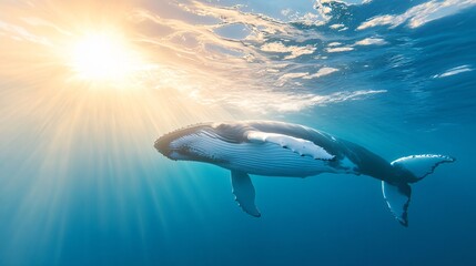 Obraz premium Majestic whale swimming gracefully, large marine mammal gliding under sunlight in serene ocean waters, tranquil atmosphere.