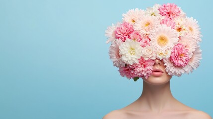 Woman with floral headpiece, young woman with stunning floral arrangement covering her face, artistic expression and vibrant colors.