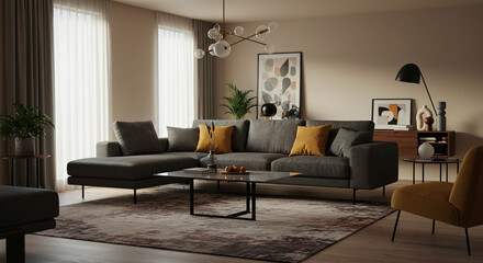 Modern, well-lit living room with dark gray sectional sofa, decor