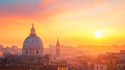 Fototapeta premium Sunrise over historical dome, breathtaking view with soft orange hues, perfect for travel blogs or inspirational content.