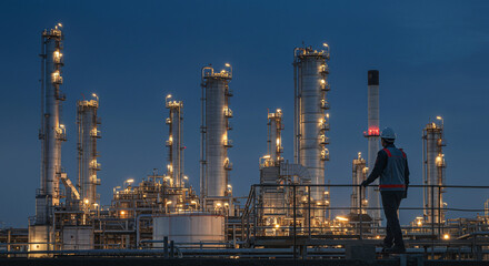 Obraz premium Oil refinery worker at night. View of large industrial complex