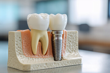 Dental implant model demonstrating tooth replacement with a screw and crown