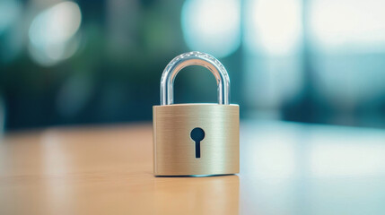 Fototapeta premium Data Protection Policy and Risk Management, shiny padlock on wooden table