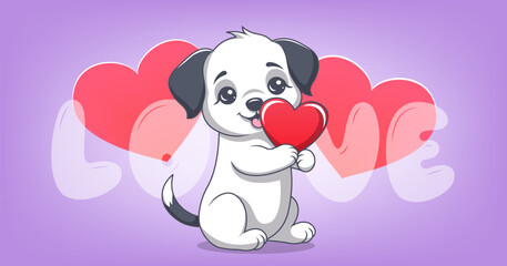 Vector cute cartoon kind gentle little sitting puppy with red heart. Poster of love and tender feelings. Toon pup and hearts. St. Valentine's Day. Holiday lovely dog. Festive gift
