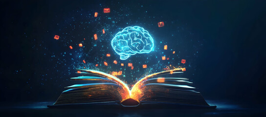 A book with glowing digital symbols emerging from it.