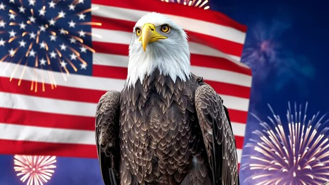 4th of july American bald eagle in front of USA flag, fireworks independence day of America