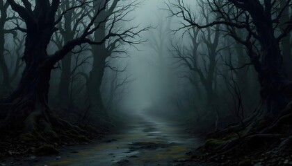 Obraz premium Mysterious Foggy Forest Path Digital Art