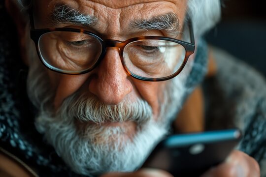 Thoughtful elderly man with a gray beard and glasses, focused on his smartphone in a cozy setting. - Powered by Adobe