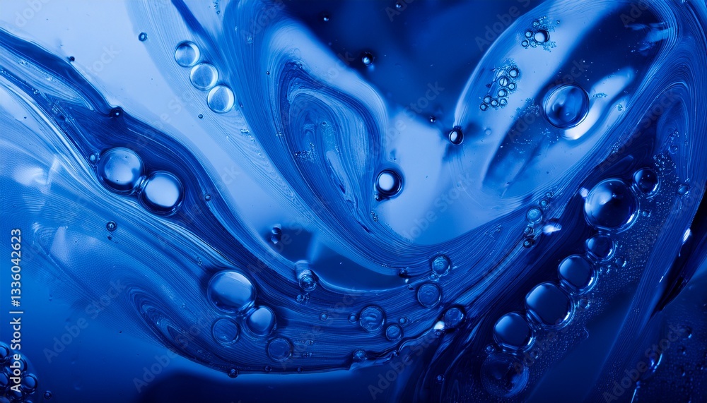 Poster an abstract, artistic image of blue liquid with swirling patterns and bubbles creating a dynamic vis