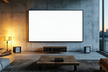 Living Room Led Blank Screen Tv on Concrete Wall with Wooden Table and Media Player