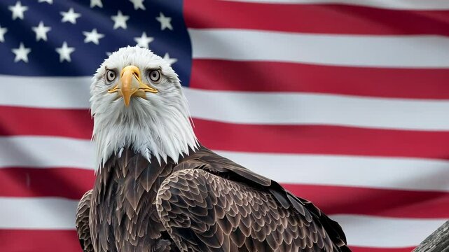4th of july American bald eagle in front of USA flag, fireworks independence day of America