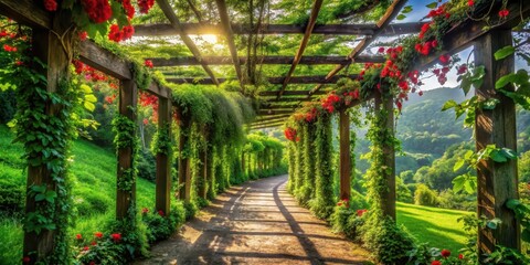 Sunlit Pathway Through a Verdant Floral Arbor, Lush Greenery and Blooming Flowers Create a Serene Garden Oasis