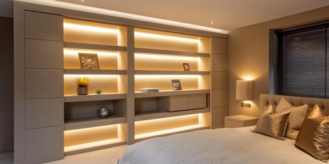 Modern bedroom with a wall of built-in storage and soft lighting accents.