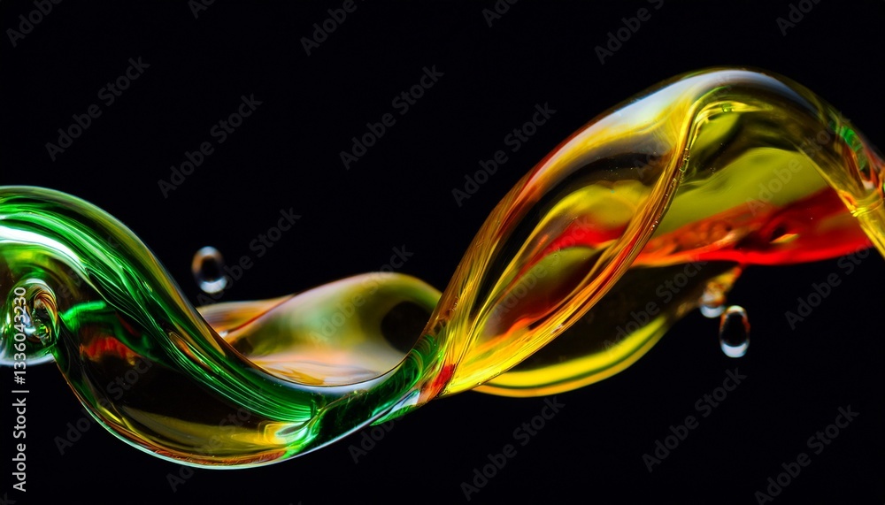 Poster colorful liquid splash creating a dynamic wave-like form with droplets against a black background