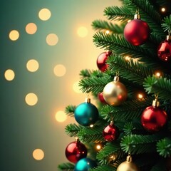 Obraz premium Full lush Christmas tree, colorful baubles, fairy lights, winter wonderland, tree texture