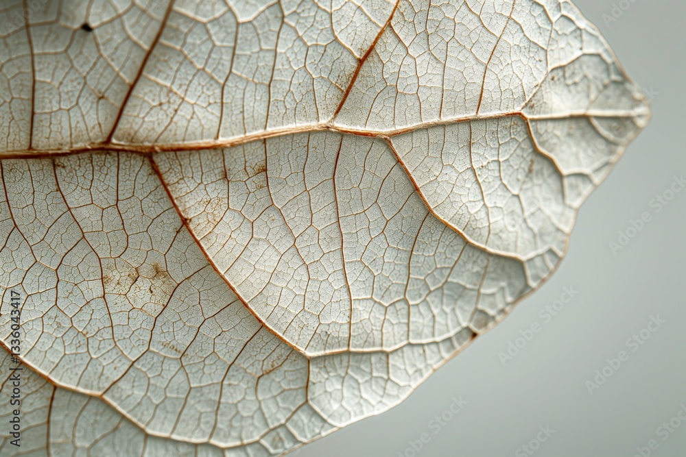 Poster a close-up of a delicate dried leaf showcasing intricate vein patterns and a soft, muted background.