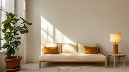 sustainable products renewable brand, Cozy living room with a sofa, decorative cushions, lamp, and a potted plant in natural light.