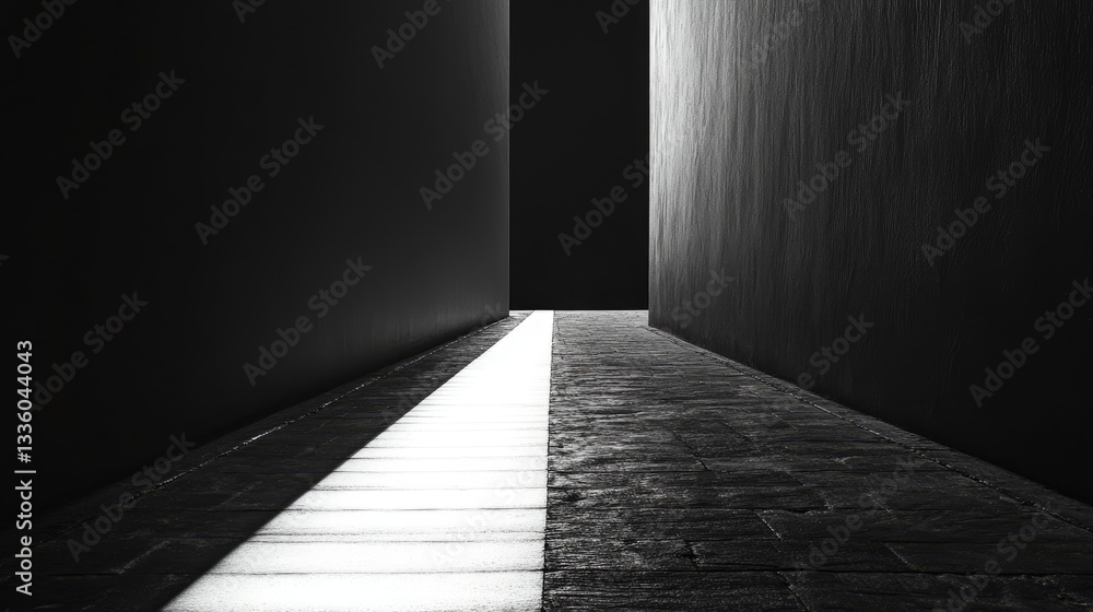 Poster dark passage with light beam shining through an open doorway in a minimalist architectural setting