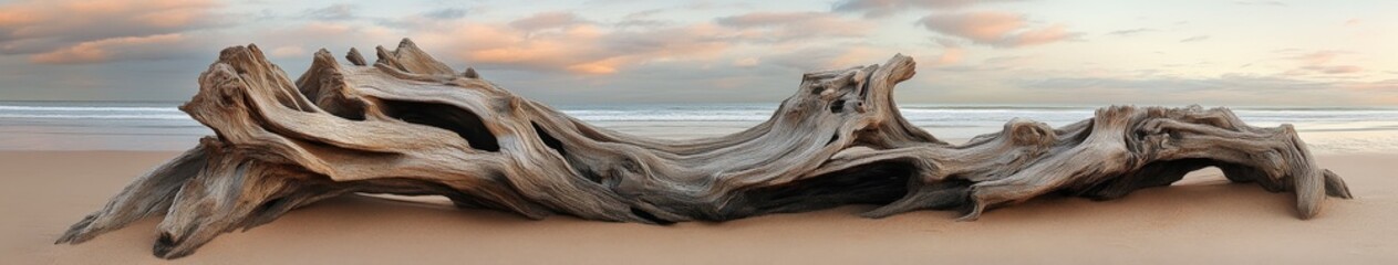 Striking driftwood on sandy beach at sunset