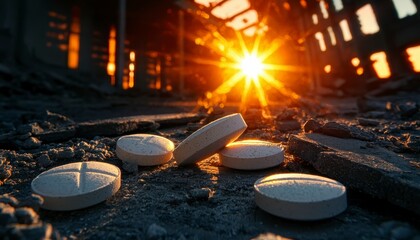 Pills in Apocalyptic Sunlight Abandoned Hope Medicine Remedy Healthcare Pharmaceutical Crisis Wasteland