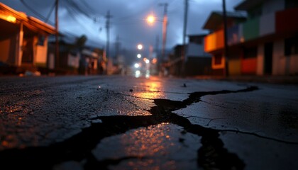 Earthquake Crack on Dark Asphalt Reflecting Street Lights at Twilight Catastrophic Event Aftermath Cityscape