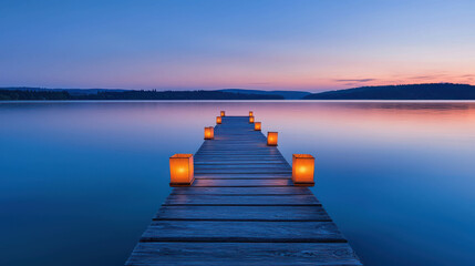 Naklejka premium Tranquil Lakeside Dock at Dusk with Illuminated Lanterns and Calm Waters