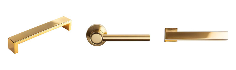 Collection of polished brass door handles, set against a clean white background for digital use, cut out, png