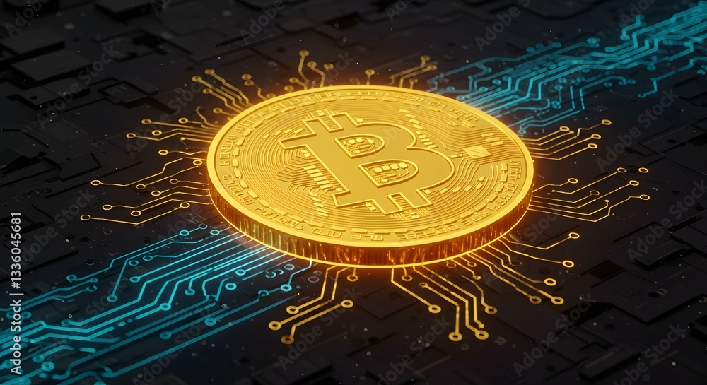 Aufkleber bitcoin's digital presence: a close-up of a bitcoin coin, glowing and integrated within a circuit bo