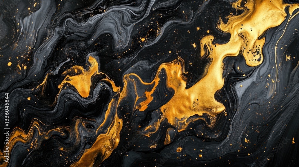 Poster abstract black and gold liquid art with swirling patterns and texture for modern design projects and