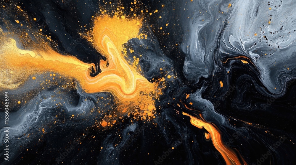 Poster abstract art with bold orange and black swirls creating dynamic energy in a fluid paint style