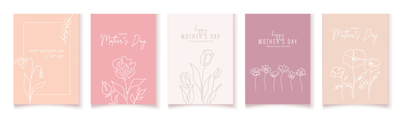 Set of elegant Mother's Day posters with floral line art. Minimalist one-line design for  Mother’s Day greeting cards. Stylish templates with delicate flowers 