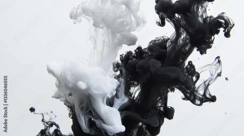 Poster black and white ink swirling in water creating abstract patterns and textures for artistic backgroun